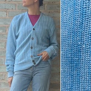 Vintage Grandpa Cardigan 60s Mid-century Pastel Baby Blue Marled Knit Sweater